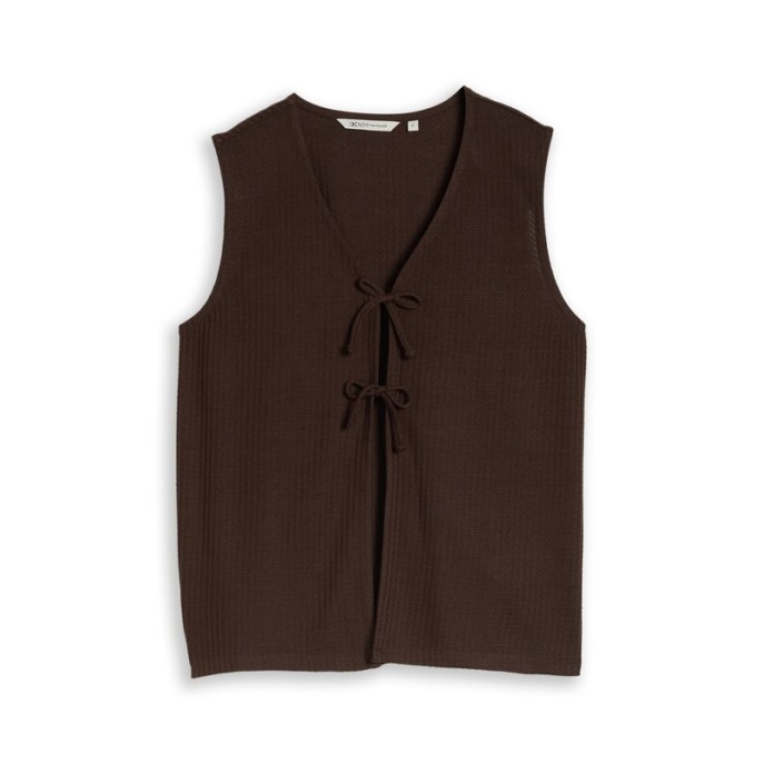Tom Tailor Damesmode structuur T-shirt vest met strikjes Bruin 1052091
